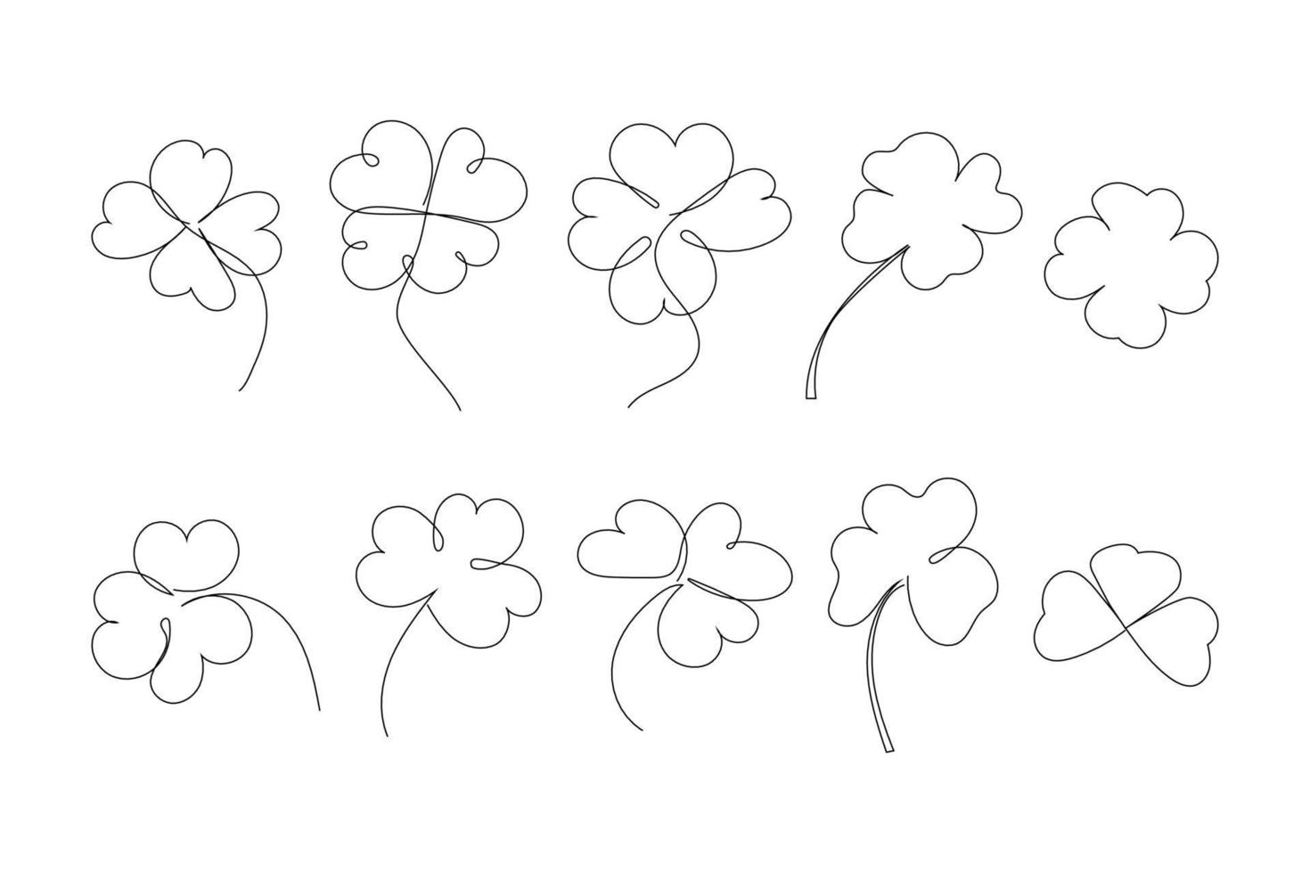 reeks van schoonheid klavers getrokken door een lijn. bloemen schetsen. doorlopend lijn tekening. minimalistische kunst voor Patrick dag. vector illustratie.