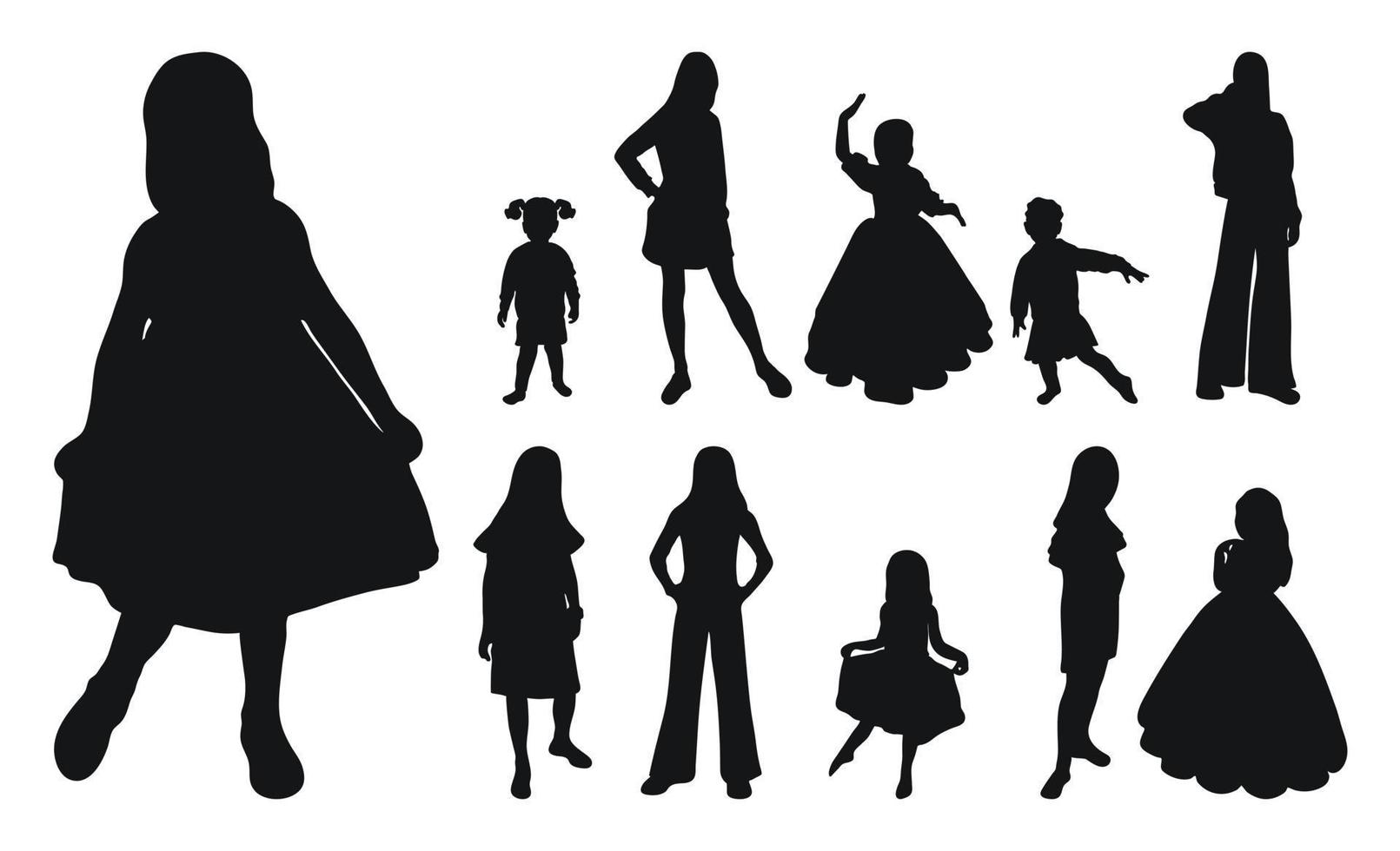 vector verzameling van zwart silhouetten van kinderen en tieners poseren voor een gieten. model- van de lichaam van een kind, de figuur van een meisje, een tiener.