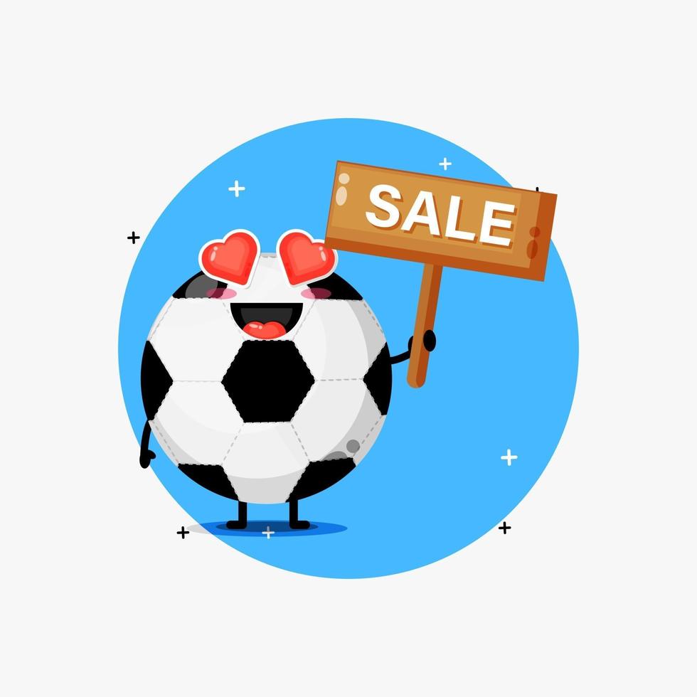 schattige voetbalbal mascotte met het verkoopteken vector