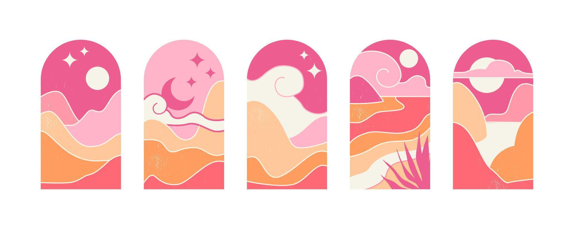reeks van abstract berg landschappen in de bogen. vector illustratie in een stijlvol, minimalistische midden eeuw modern stijl in roze, zand tonen.