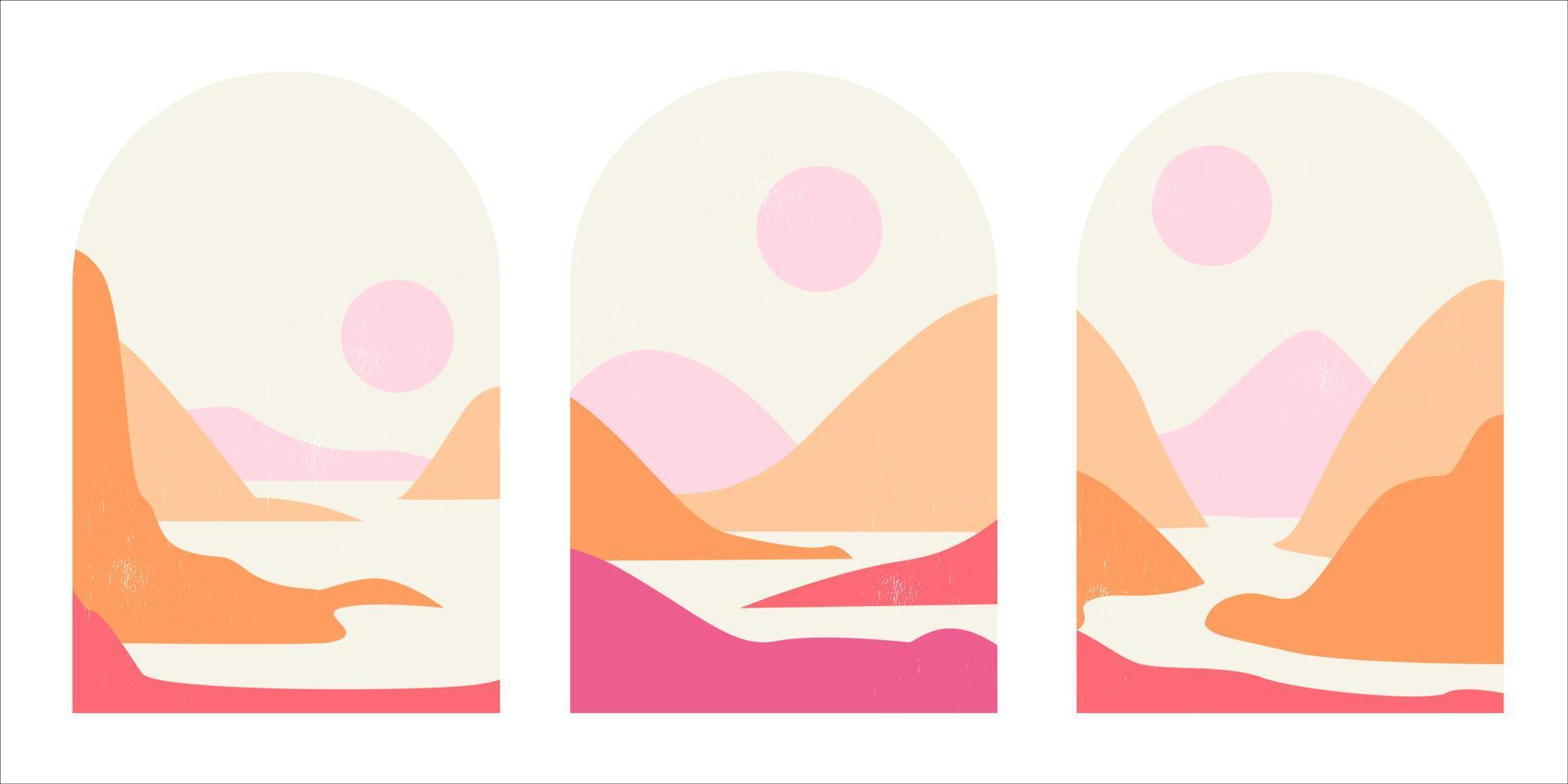 reeks van abstract berg landschappen in bogen in een esthetisch trending midden in de eeuw minimalistische stijl in zacht roze en zand. landschap met bergen, rivier, zon en maan in boho stijl. vector