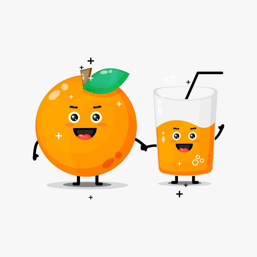 schattige sinaasappel en jus d'orange mascotte hand in hand vector