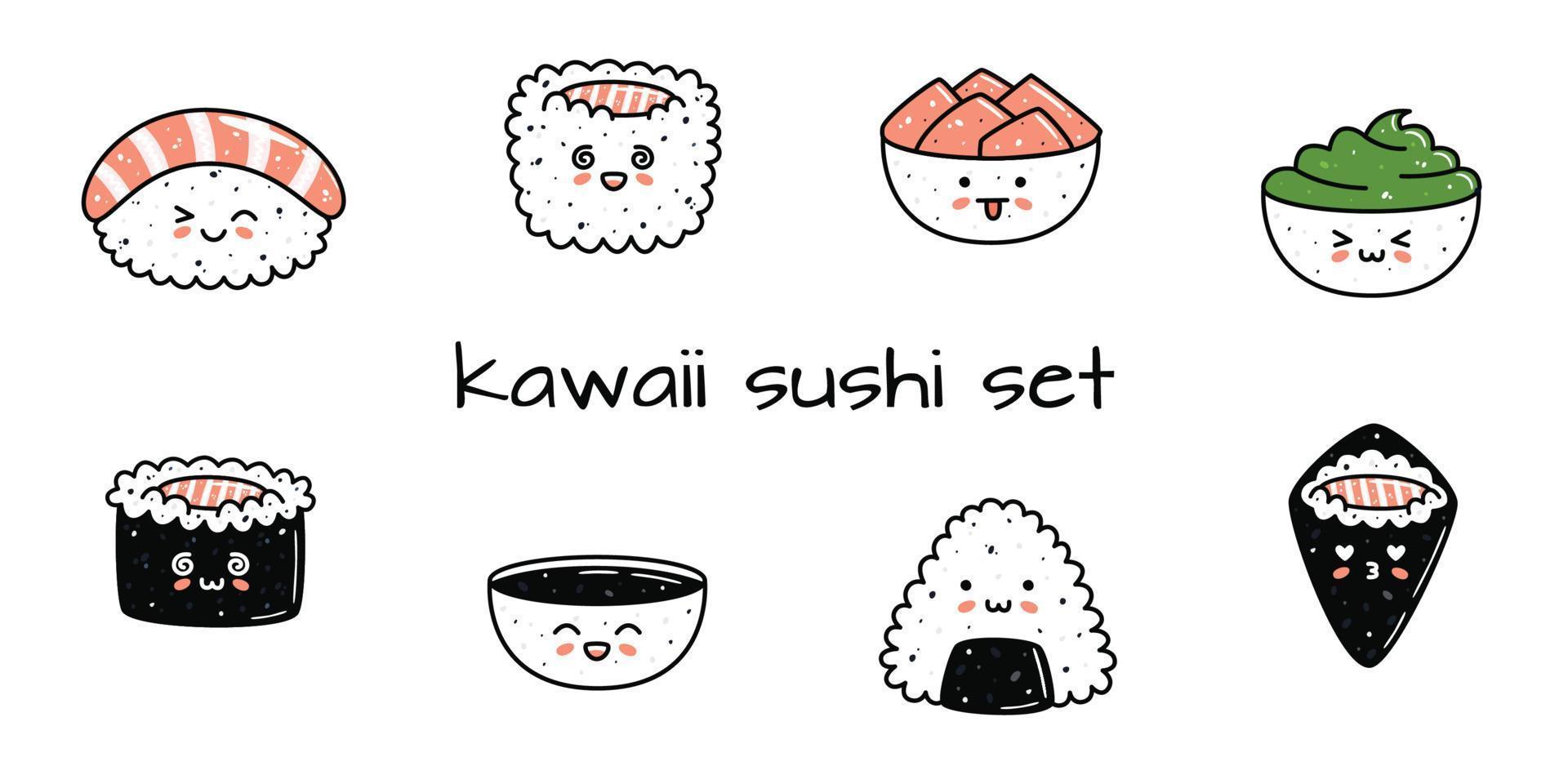 reeks van kawaii sushi mascottes in tekenfilm stijl. verschillend types van sushi vector