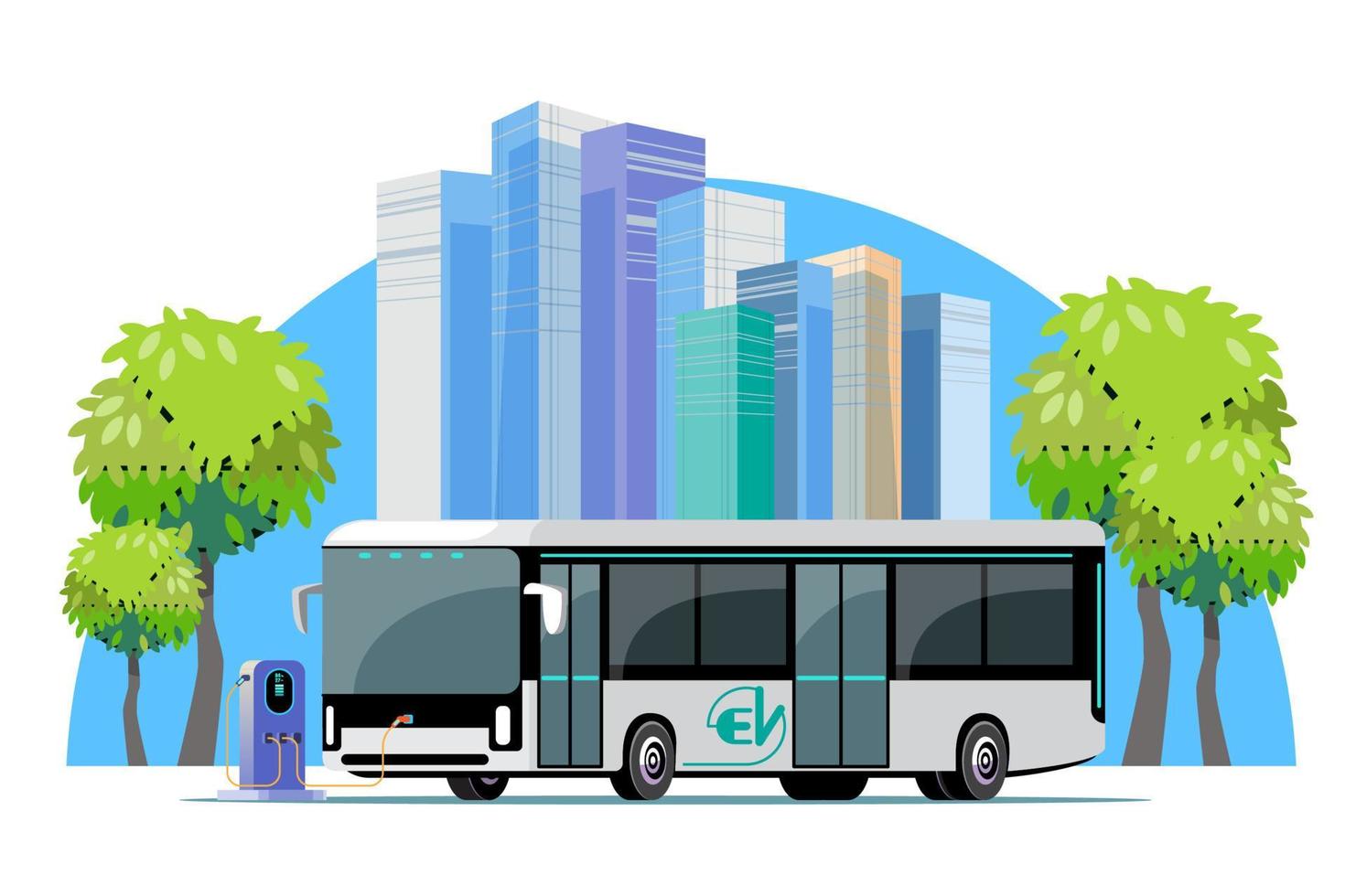 elektrisch stad bus opladen station met groen stad. stad gebouw in achtergrond. vector illustratie