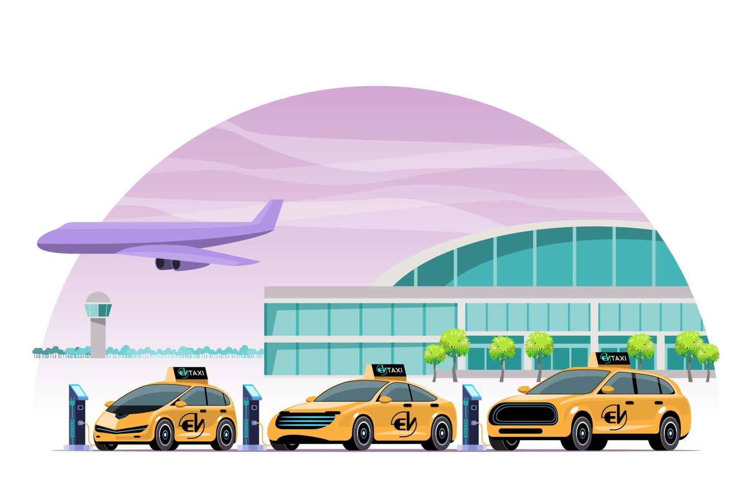 geel elektrisch auto taxi opladen Aan oplader station. elektromobiliteit emotie concept. drie elektrisch accu opladers. taxi geparkeerd Bij de luchthaven. vector illustratie