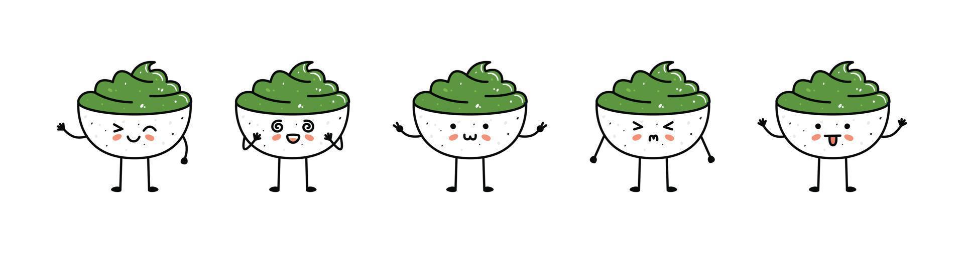 reeks van kawaii wasabi kom sushi mascottes in tekenfilm stijl. vector