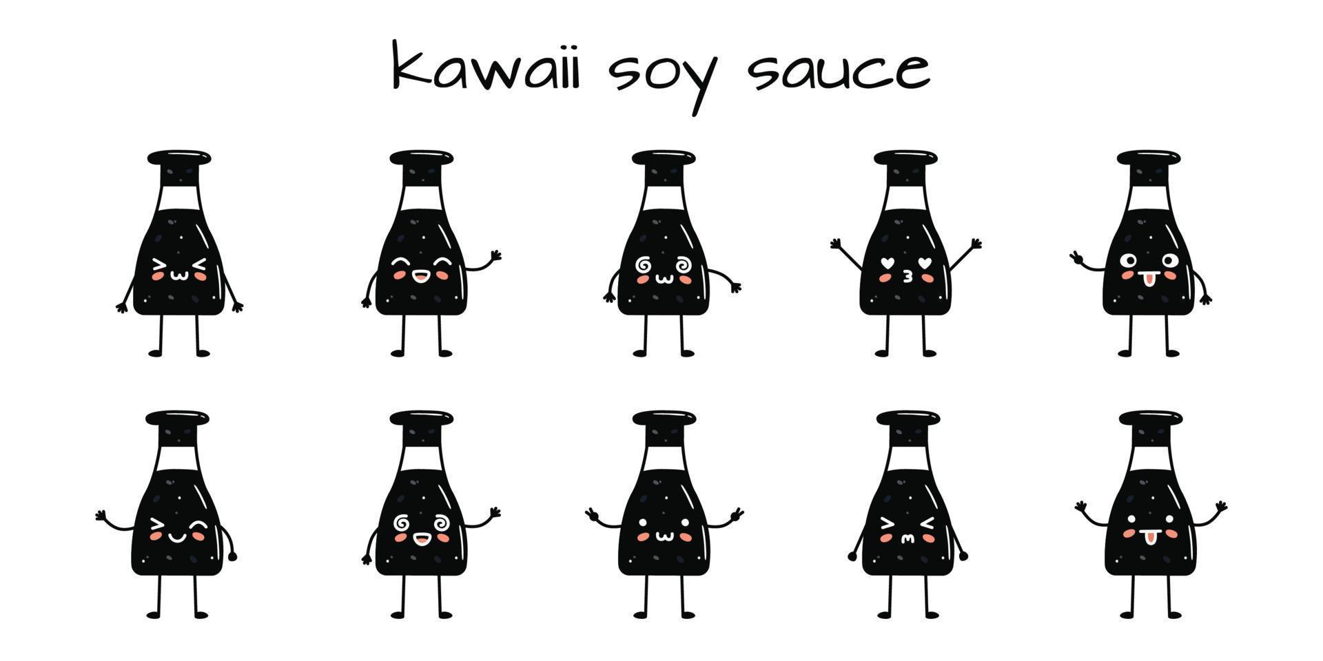 reeks van kawaii soja saus fles mascottes in tekenfilm stijl vector