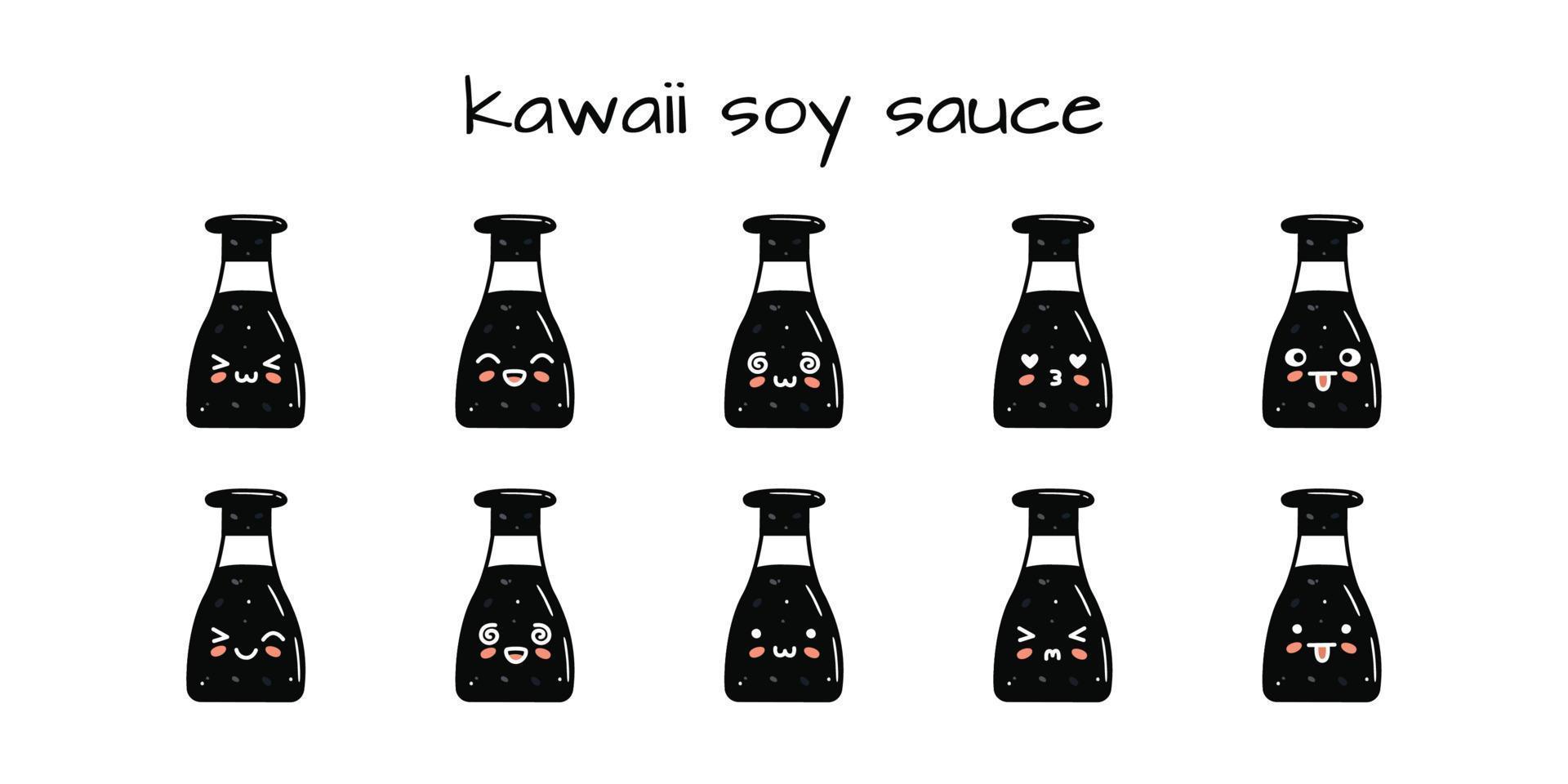 reeks van kawaii soja saus fles mascottes in tekenfilm stijl vector