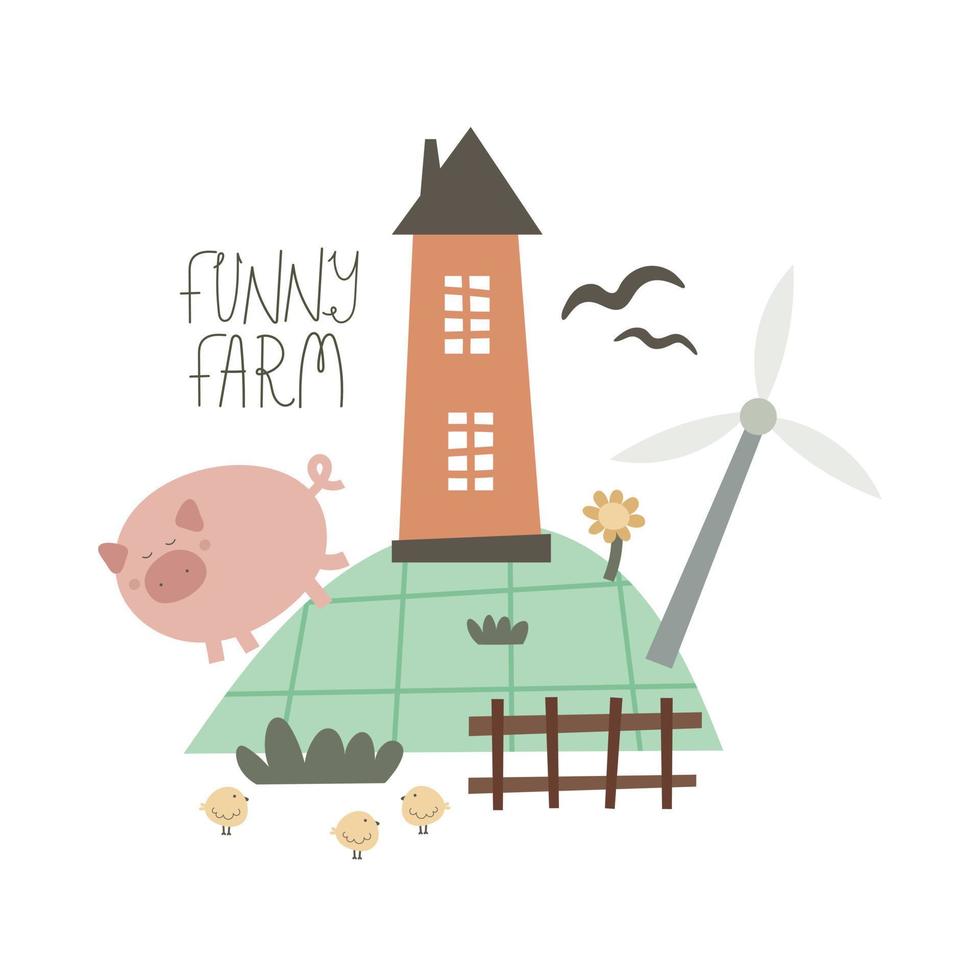 grappig boerderij. schattig tekenfilm boerderij landschap . vector kleurrijk illustratie voor kinderen, vlak stijl. hand- tekening. baby ontwerp voor kaarten, afdrukken, posters