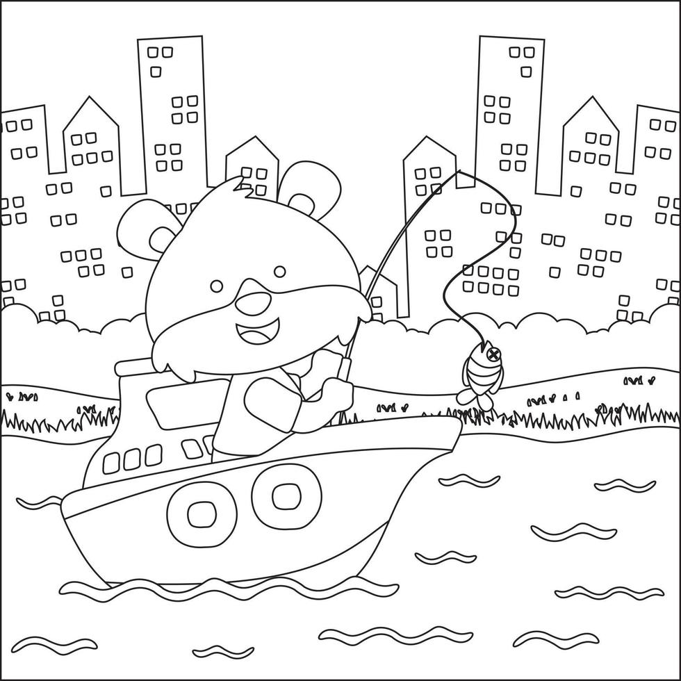 grappig dier tekenfilm vector Aan weinig boot met tekenfilm stijl, modieus kinderen grafisch met lijn kunst ontwerp hand- tekening schetsen voor volwassen en kinderen kleur boek of bladzijde