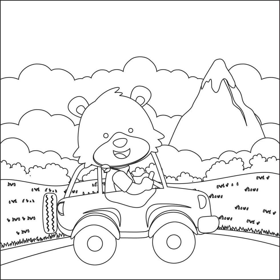 schattig weinig dier het rijden een auto Gaan naar Woud grappig dier tekenfilm, modieus kinderen grafisch met lijn kunst ontwerp hand- tekening schetsen vector illustratie voor volwassen en kinderen kleur boek.