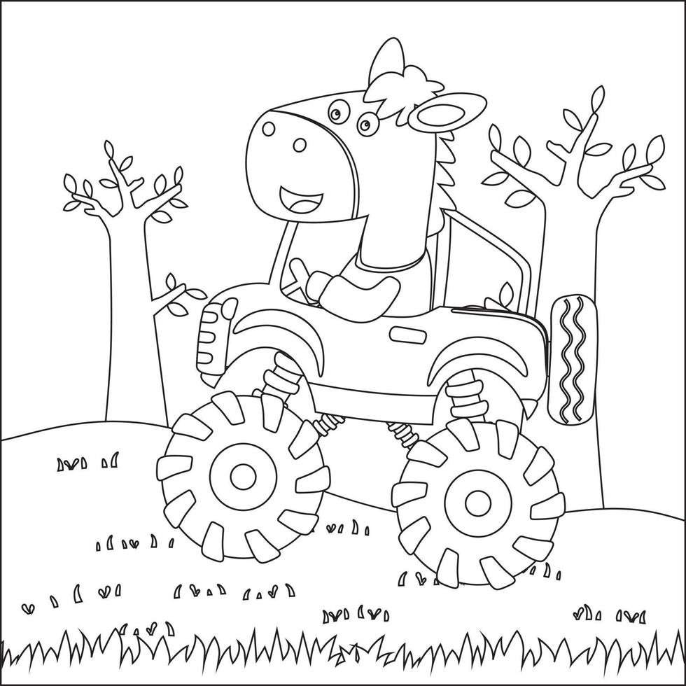 schattig weinig paard het rijden een monster auto Gaan naar Woud grappig dier tekenfilm, tekenfilm geïsoleerd vector illustratie, creatief vector kinderachtig ontwerp voor kinderen werkzaamheid kleuren boek of bladzijde.