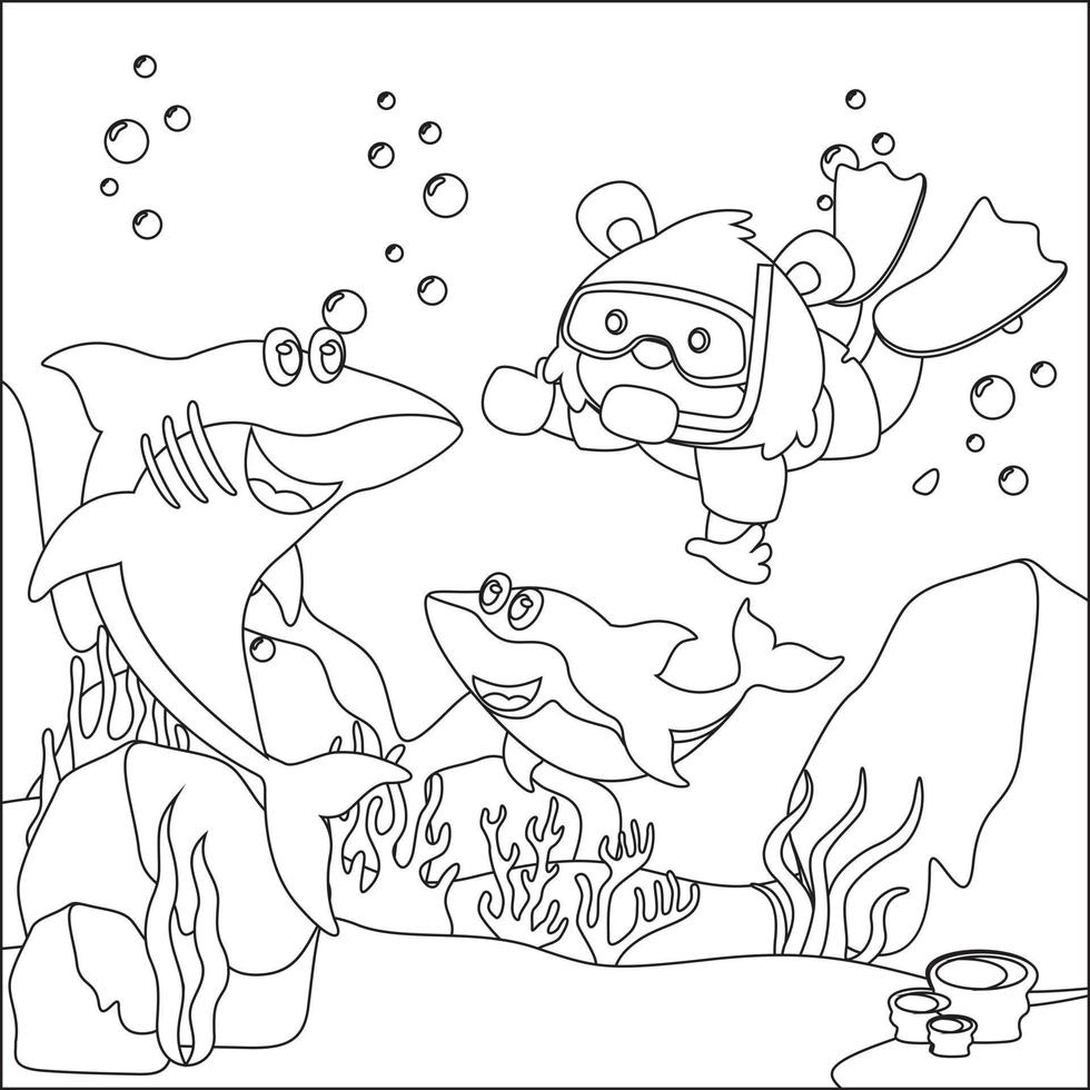 vector tekenfilm illustratie van weinig dier duiken onder zee met tekenfilm stijl kinderachtig ontwerp voor kinderen werkzaamheid kleuren boek of bladzijde.
