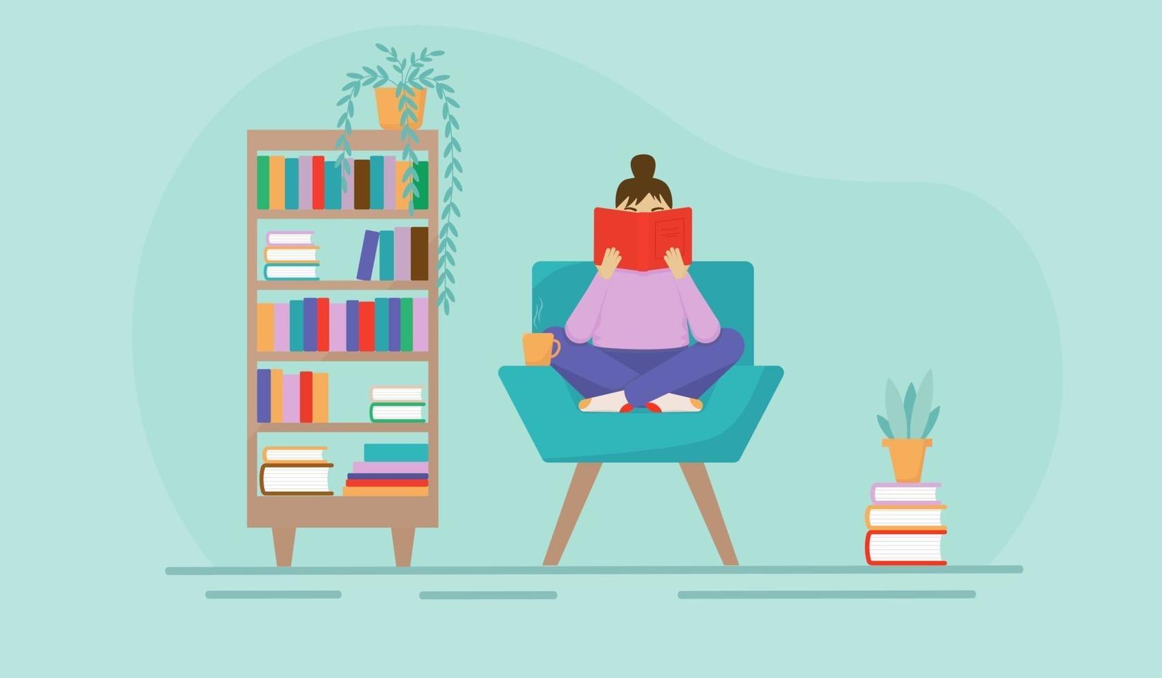 vlakke afbeelding van een meisje dat een boek leest in een stoel. interieur van een kamer of thuisbibliotheek. vector