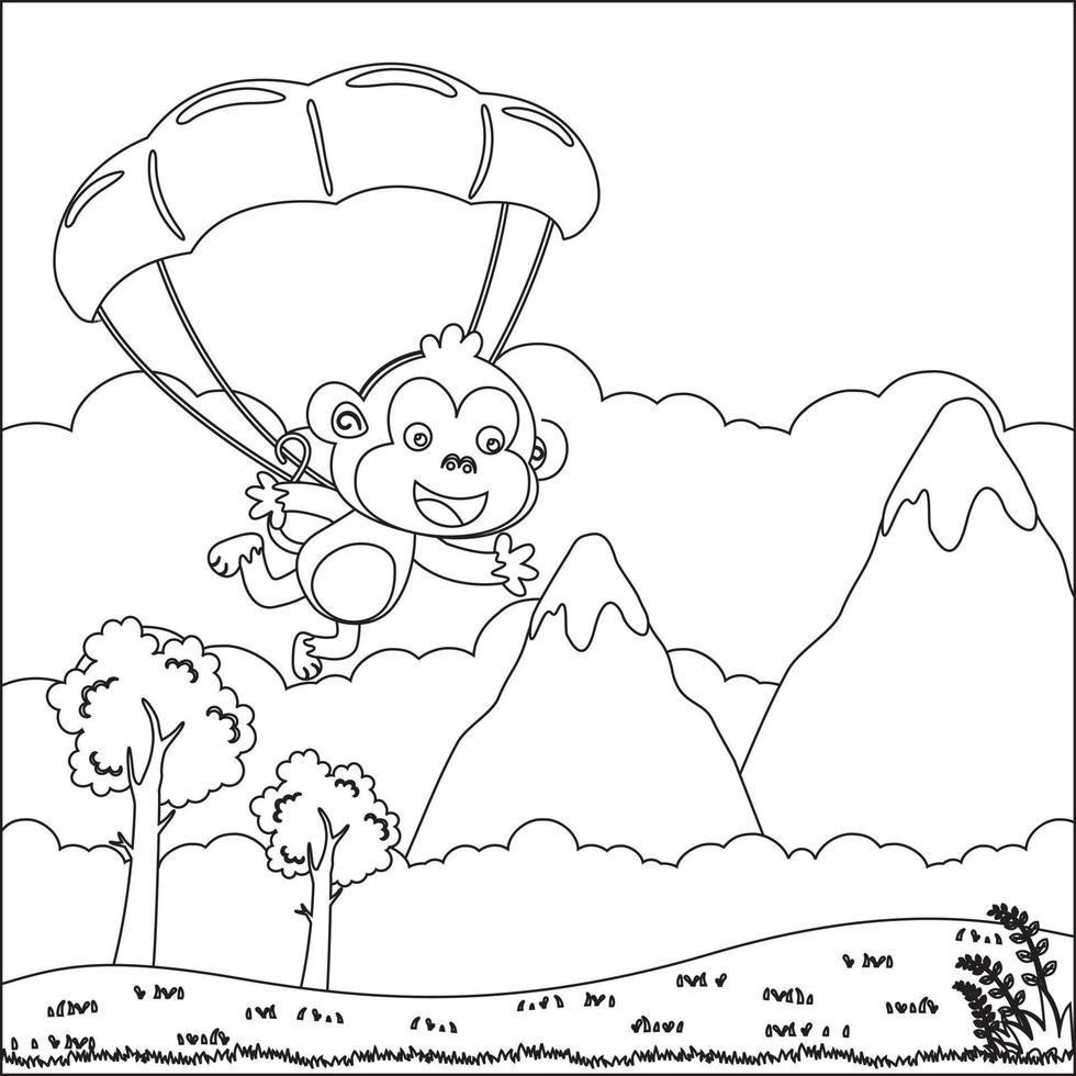 vector tekenfilm illustratie van Parachutespringen met weinig aap met tekenfilm stijl kinderachtig ontwerp voor kinderen werkzaamheid kleuren boek of bladzijde.