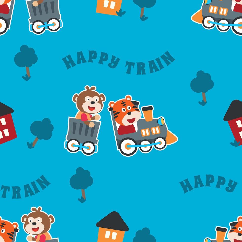 naadloos patroon structuur met dieren tekenfilm Aan trein, voor kleding stof textiel, kinderkamer, baby kleren, achtergrond, textiel, omhulsel papier en andere decoratie. vector