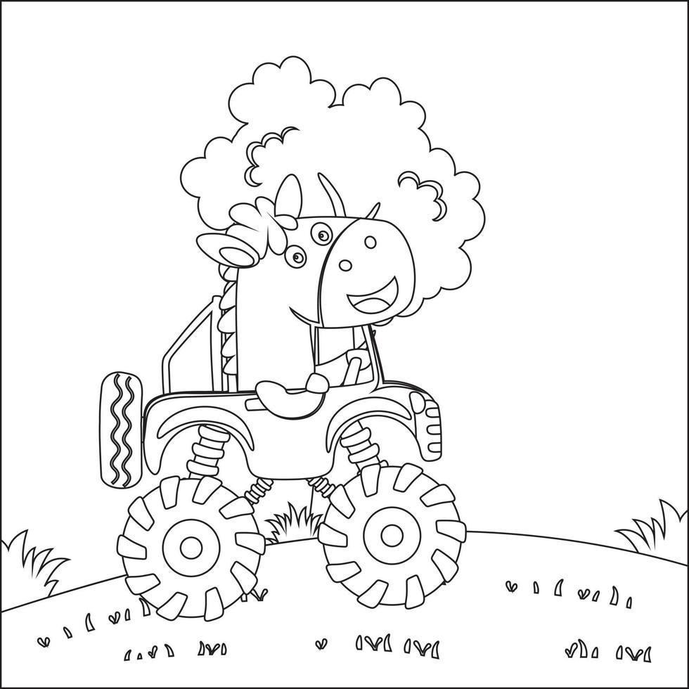 schattig weinig paard het rijden een monster auto Gaan naar Woud grappig dier tekenfilm, tekenfilm geïsoleerd vector illustratie, creatief vector kinderachtig ontwerp voor kinderen werkzaamheid kleuren boek of bladzijde.