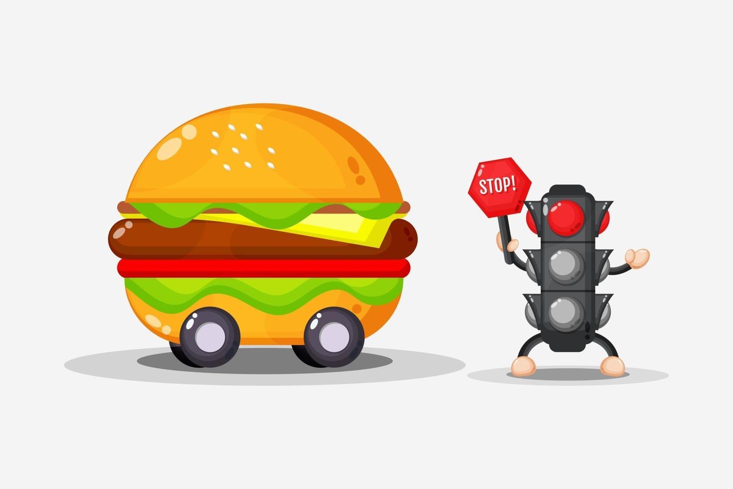 mascotte hamburger auto-ontwerp met verkeerslicht vector