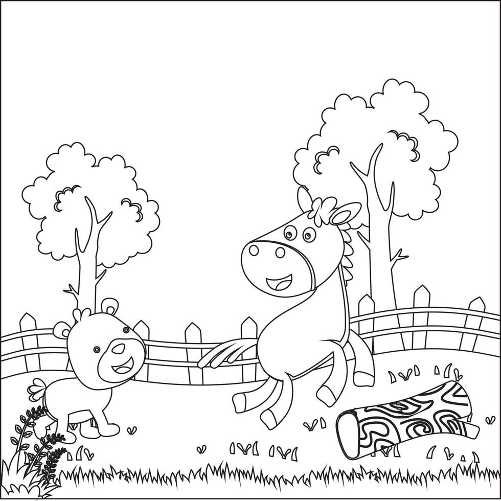 gelukkig paard en vriend tekenfilm in de boerderij met groen veld. creatief vector kinderachtig ontwerp voor kinderen werkzaamheid kleuren boek of bladzijde.
