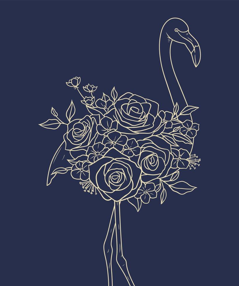 flamingo vogel met bloemen lijn kunst vector illustratie