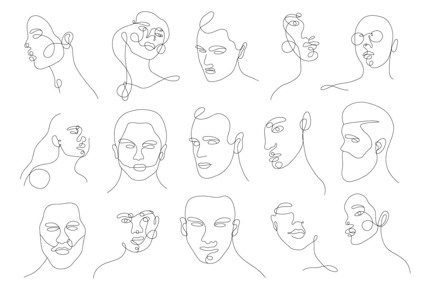 lineaire portretten van vrouwen en mannen instellen. doorlopend lineair silhouet van vrouwelijk gezicht. overzicht hand getrokken van avatars meisjes. lineair glamourlogo in minimale stijl voor schoonheidssalon, visagist, stylist vector