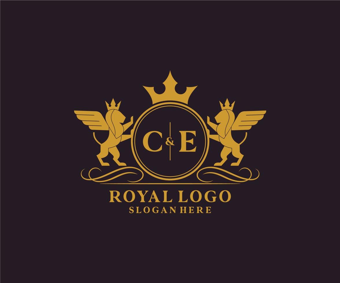 eerste ce brief leeuw Koninklijk luxe heraldisch, wapen logo sjabloon in vector kunst voor restaurant, royalty, boetiek, cafe, hotel, heraldisch, sieraden, mode en andere vector illustratie.