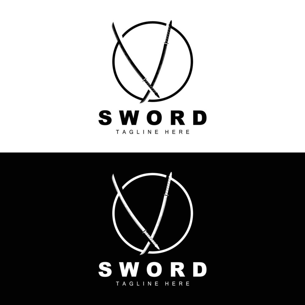 zwaard logo, samurai katana monochroom ontwerp, vector oorlog wapen snijdend gereedschap sjabloon icoon