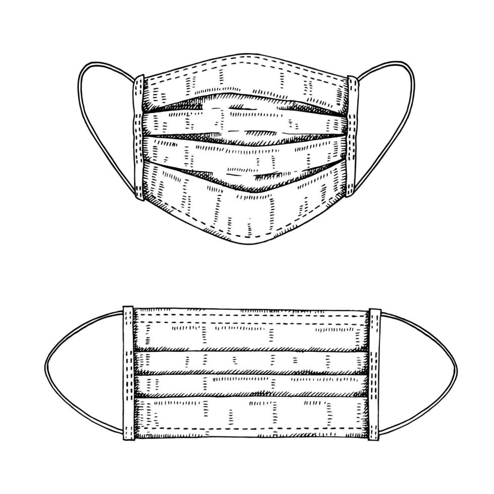 hand getrokken set medisch gezichtsmasker dat door de lucht overgedragen ziekten, virussen beschermt. covid19. coronavirus. verdediging tegen luchtverontreiniging. vector gravure illustratie.