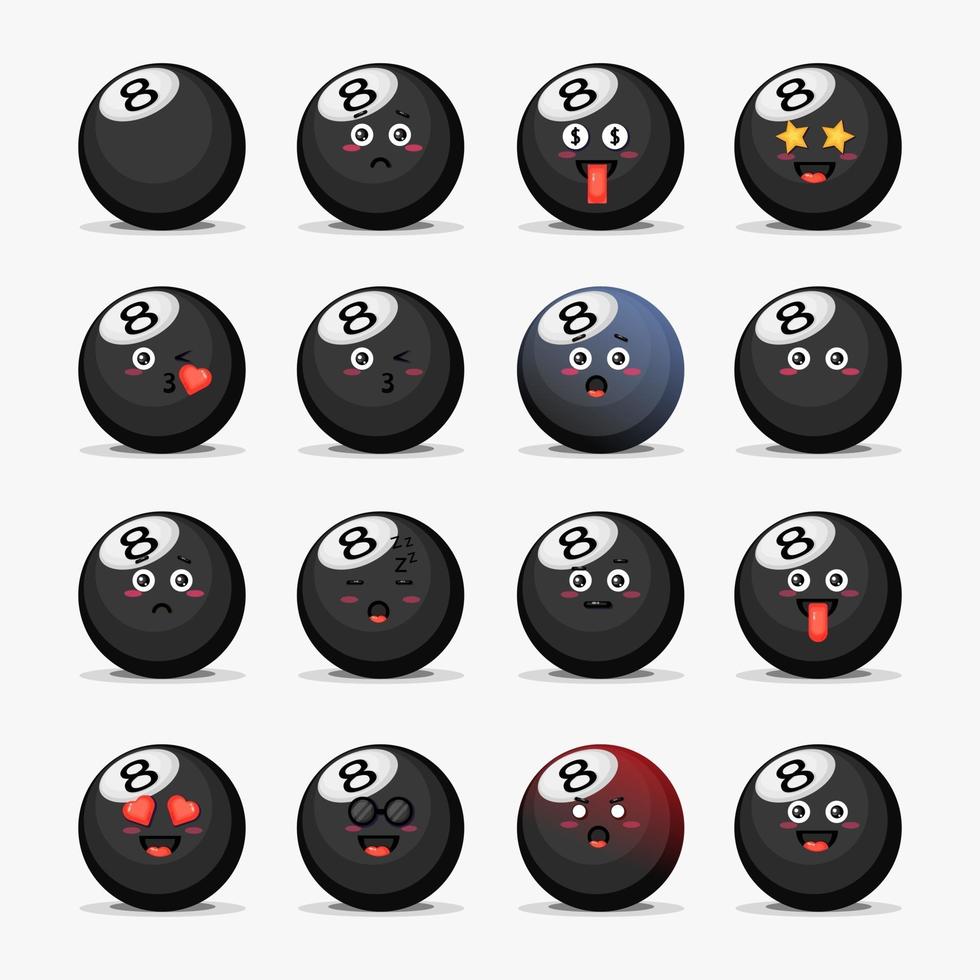 set van schattige biljartbal met emoticons vector