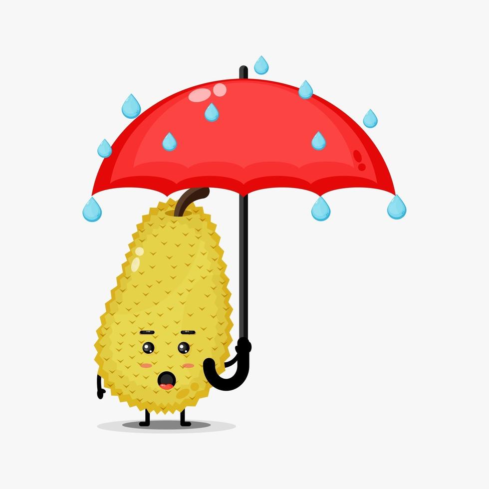 illustratie van een schattige jackfruitmascotte in de regen vector