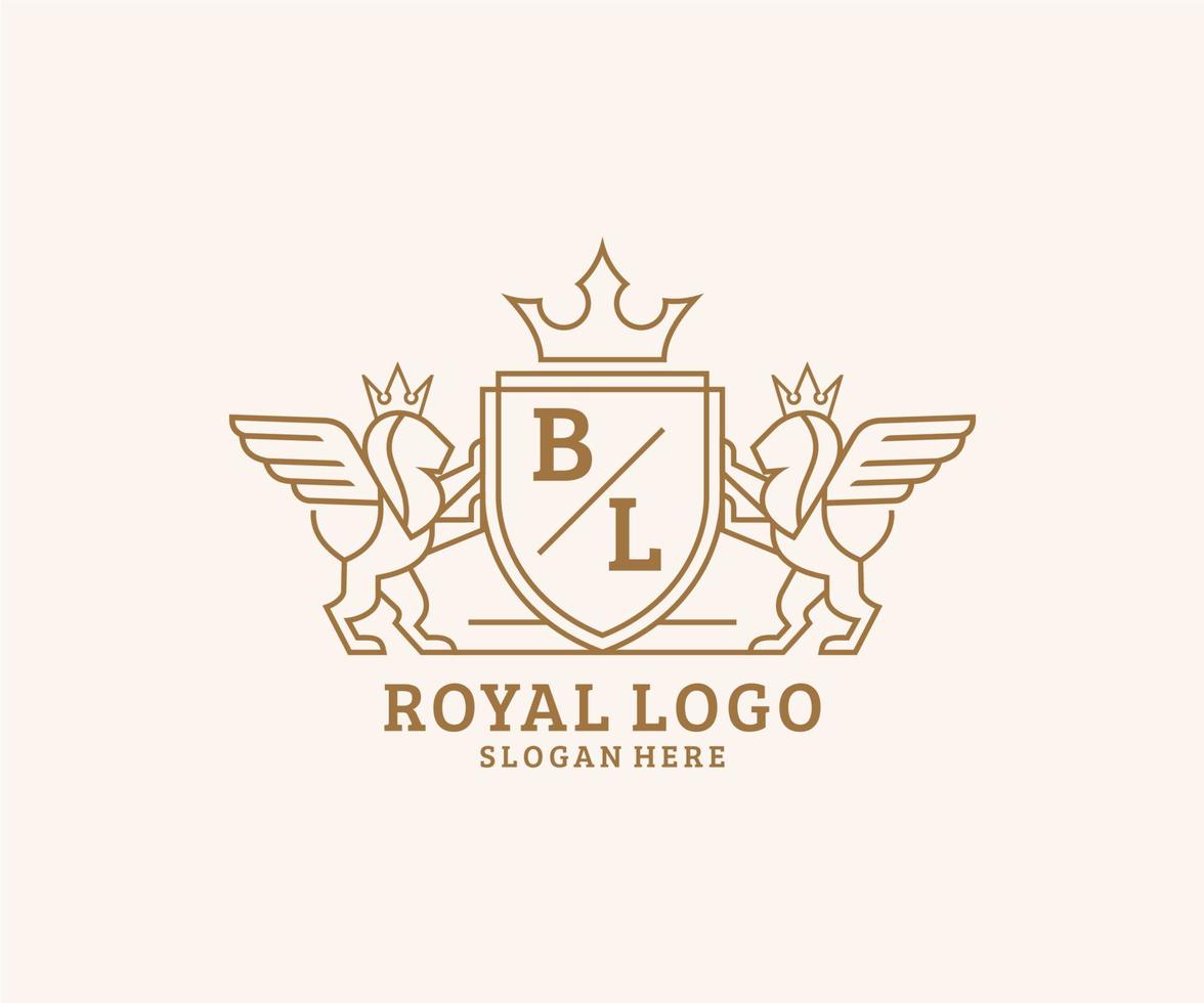 eerste bl brief leeuw Koninklijk luxe heraldisch, wapen logo sjabloon in vector kunst voor restaurant, royalty, boetiek, cafe, hotel, heraldisch, sieraden, mode en andere vector illustratie.