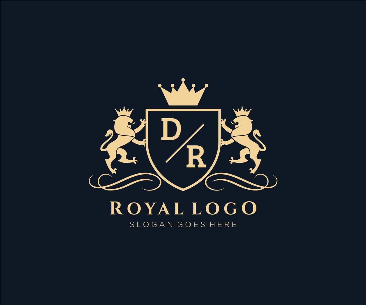 eerste dr brief leeuw Koninklijk luxe heraldisch, wapen logo sjabloon in vector kunst voor restaurant, royalty, boetiek, cafe, hotel, heraldisch, sieraden, mode en andere vector illustratie.