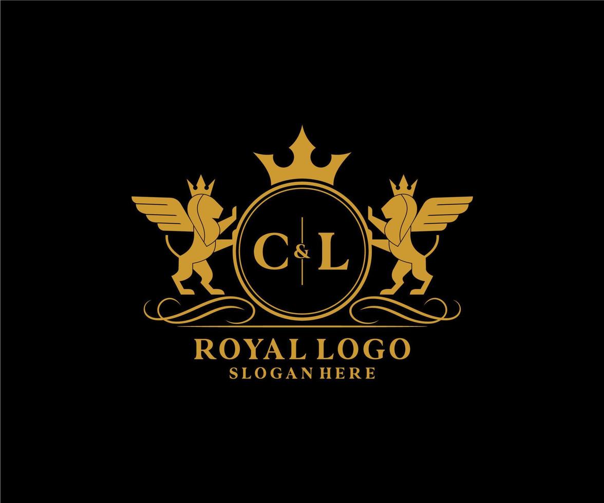 eerste cl brief leeuw Koninklijk luxe heraldisch, wapen logo sjabloon in vector kunst voor restaurant, royalty, boetiek, cafe, hotel, heraldisch, sieraden, mode en andere vector illustratie.