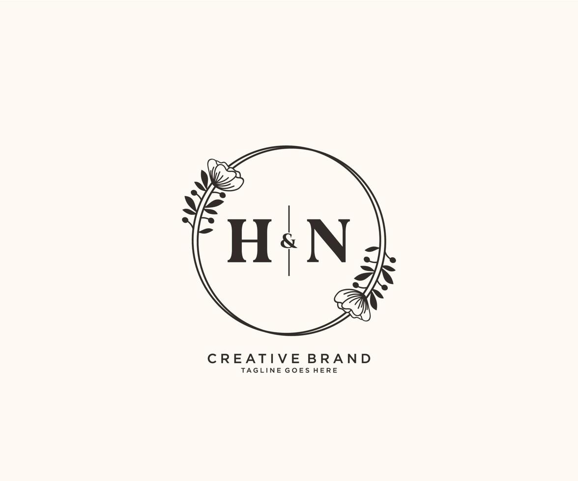 eerste hn brieven hand- getrokken vrouwelijk en bloemen botanisch logo geschikt voor spa salon huid haar- schoonheid winkel en kunstmatig bedrijf. vector