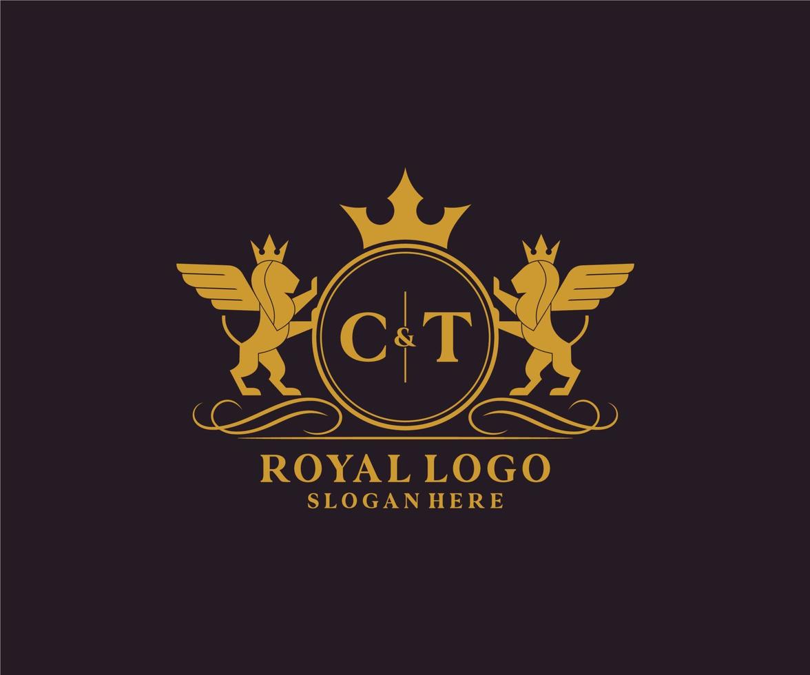 eerste ct brief leeuw Koninklijk luxe heraldisch, wapen logo sjabloon in vector kunst voor restaurant, royalty, boetiek, cafe, hotel, heraldisch, sieraden, mode en andere vector illustratie.