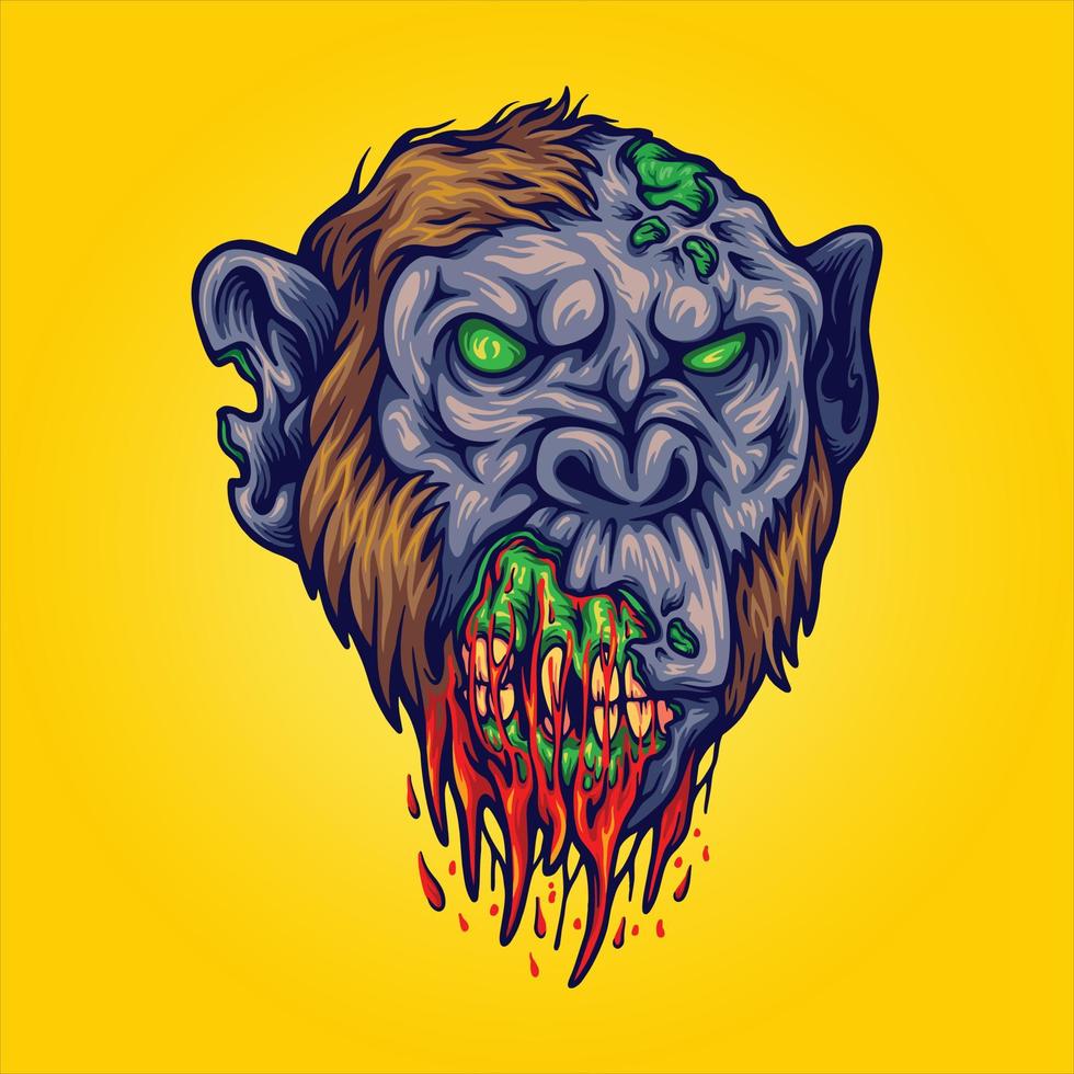 spookachtig zombie monster aap hoofd logo illustraties vector