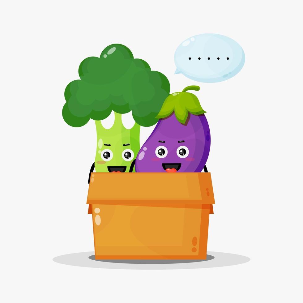 schattige broccoli en aubergine mascotte in de doos vector