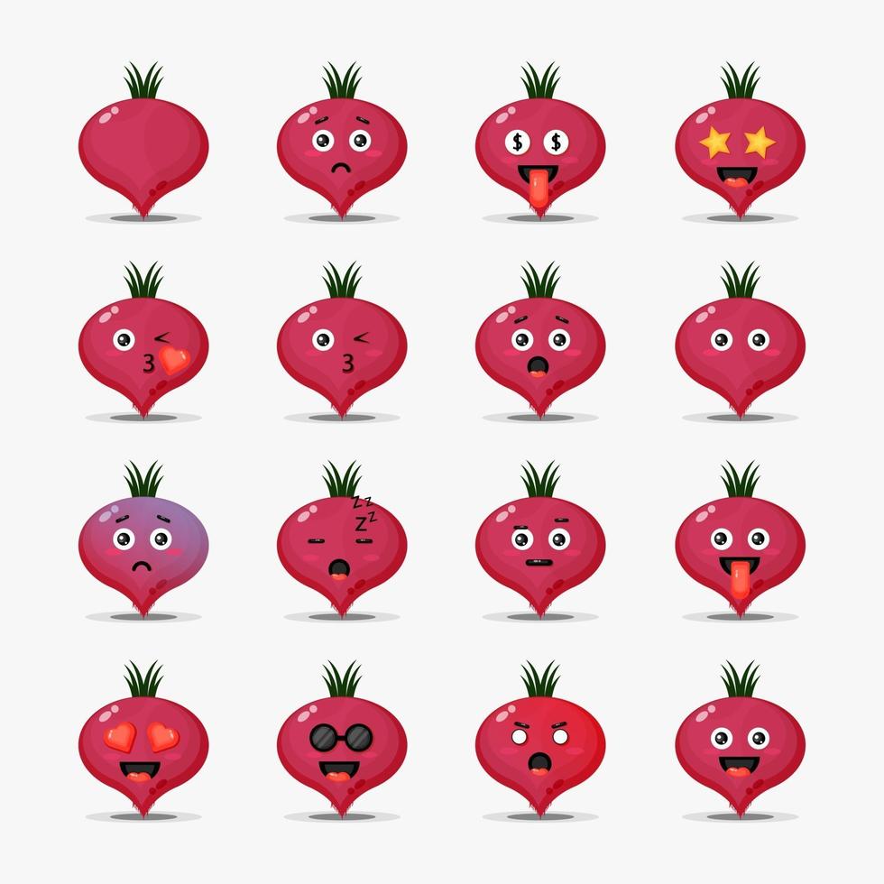schattige rode biet met emoticons set vector