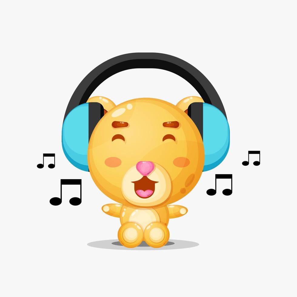 schattige beer mascotte luisteren naar muziek vector