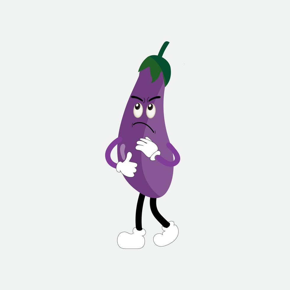 schattig aubergine karakter vector illustratie. vlak aubergine tekenfilm karakter zwaaien. minimaal Purper aubergine fruit ontwerp voor kinderen boeken. aubergine tekenfilm karakter