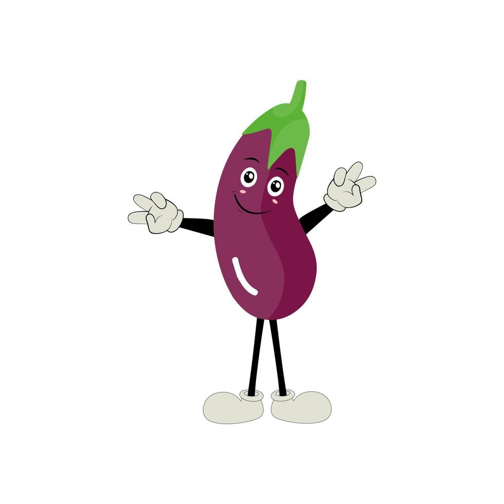 schattig aubergine karakter vector illustratie. vlak aubergine tekenfilm karakter zwaaien. minimaal Purper aubergine fruit ontwerp voor kinderen boeken. aubergine tekenfilm karakter