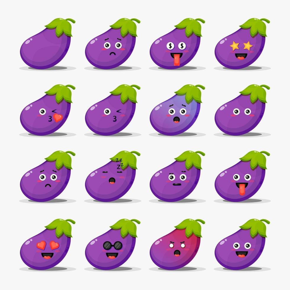 schattige aubergine met emoticons set vector