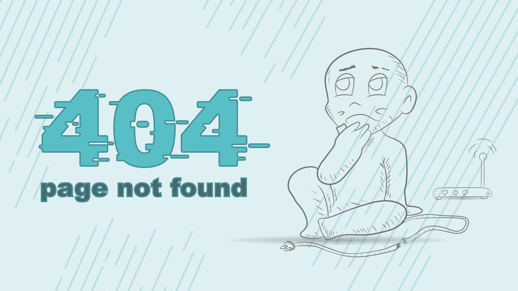 fout 404 bladzijde niet gevonden grappig schets van een chibi Mens wie zit bedachtzaam De volgende naar een gebroken draad illustratie voor ontwerp ontwerp vector