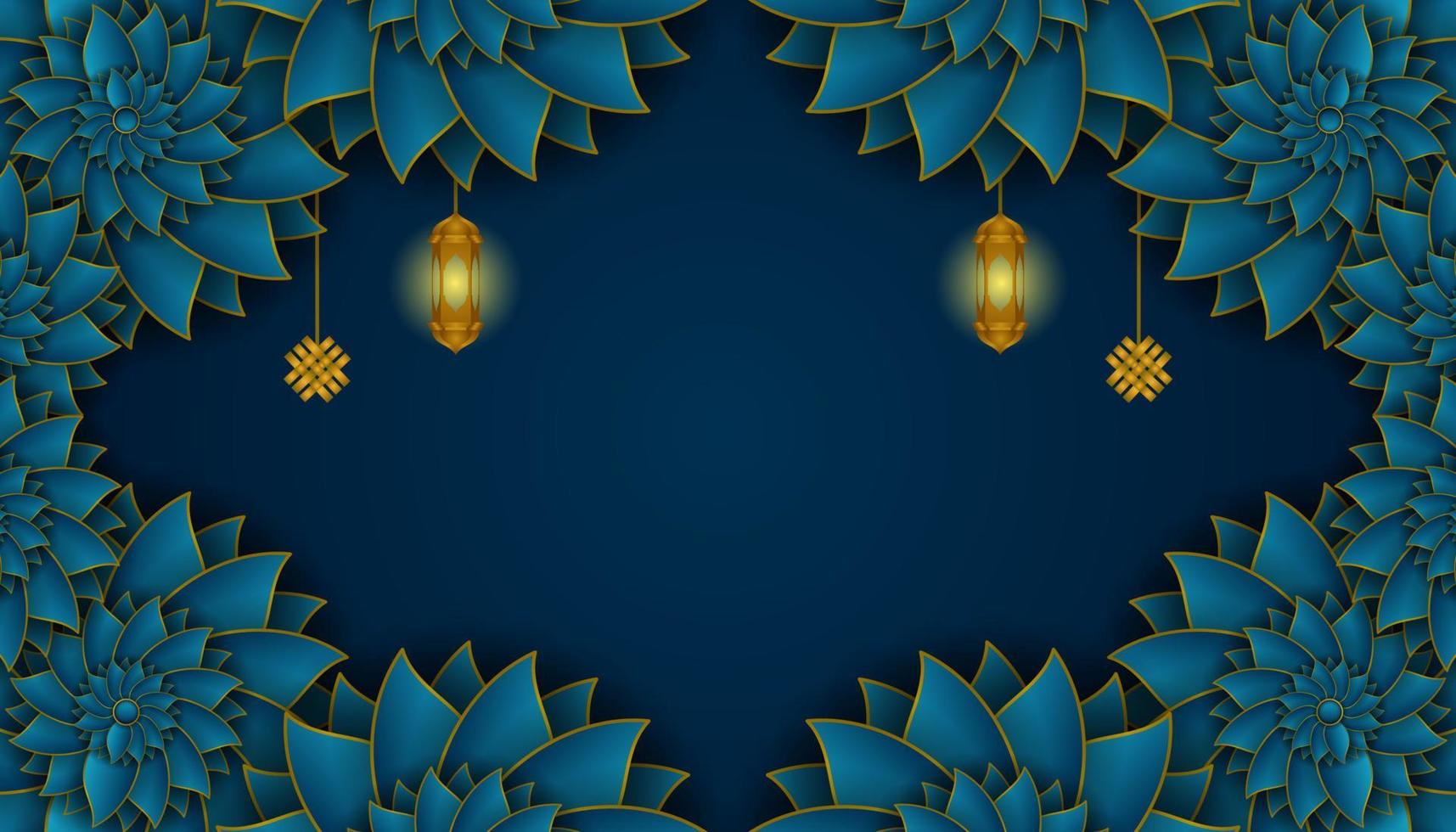 luxueus Islamitisch achtergrond met versierd bloemen kaders in donker blauw en goud. met een blanco Oppervlakte in de midden- voor tekst vector