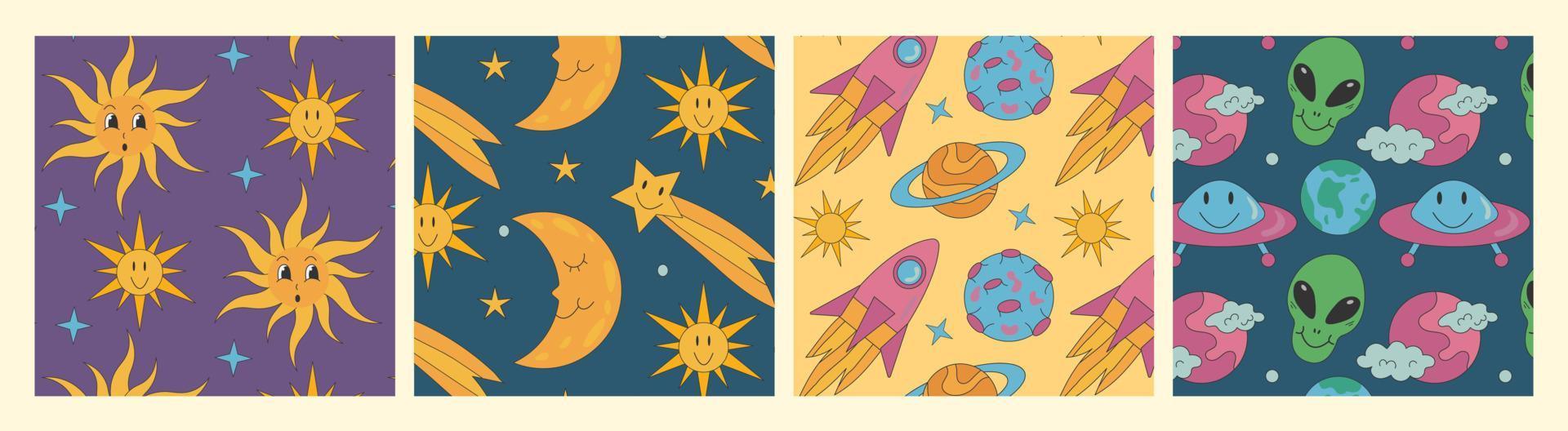 groovy patroon hippie planeet en zon. kosmos met ufo ruimteschip en sterren. vector