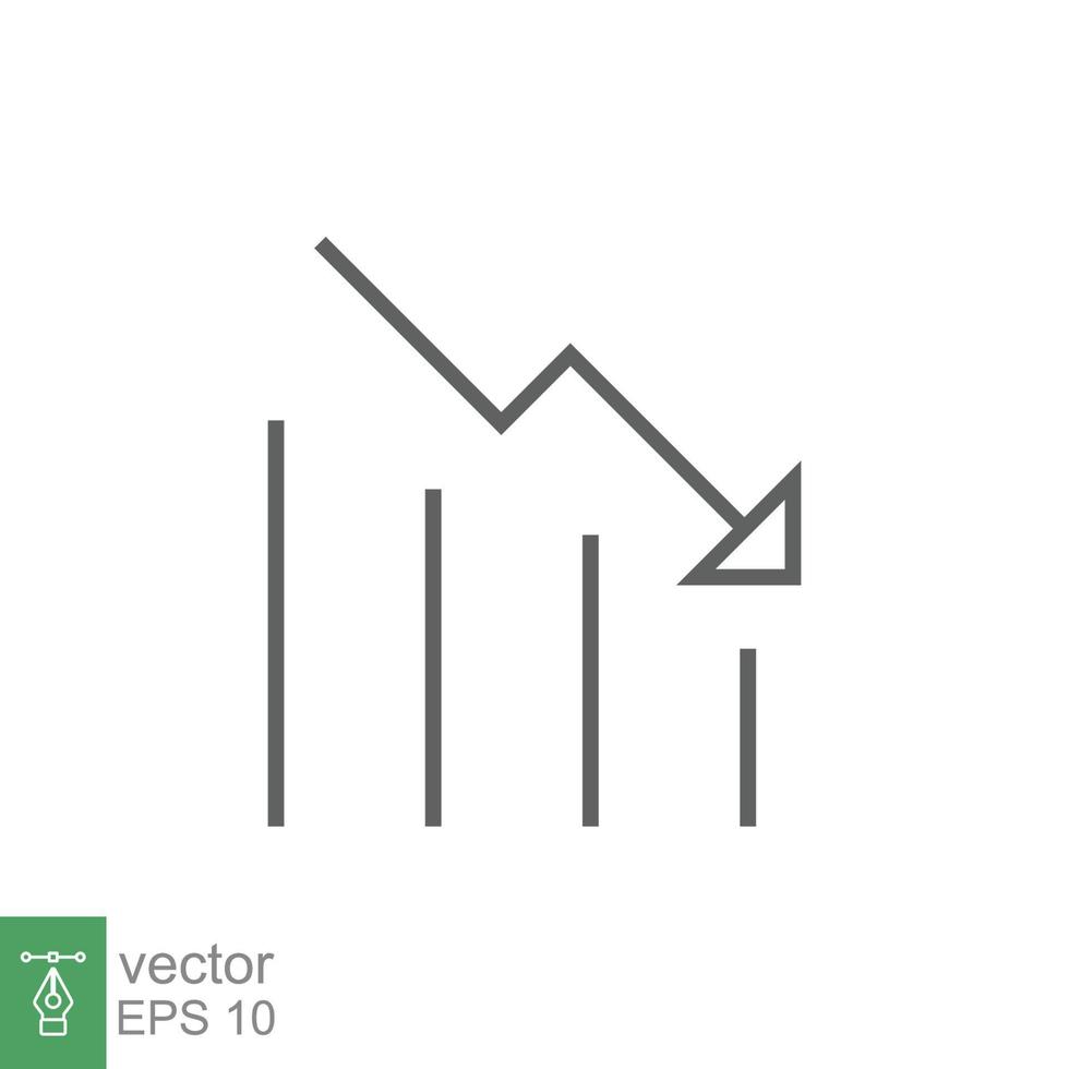 diagram omlaag, verminderen vooruitgang lijn icoon. gemakkelijk schets stijl rendement verminderen grafisch, financiën grafiek, abstract grafiek, neiging vector illustratie. pijl onderstaand, failliet. bewerkbare beroerte eps 10.