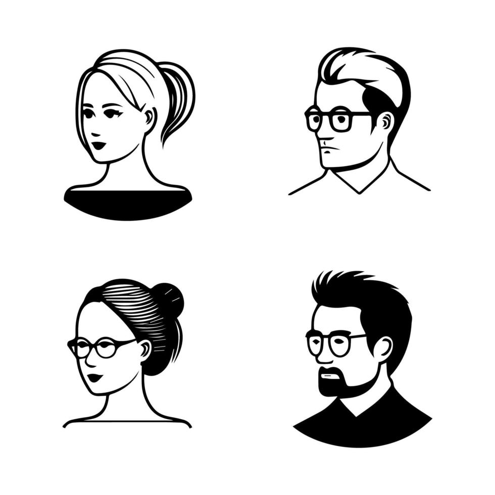 hand getekend portretten van mannen en Dames. fictief gezichten voor ontwerp. vent en meisje met bril. vector