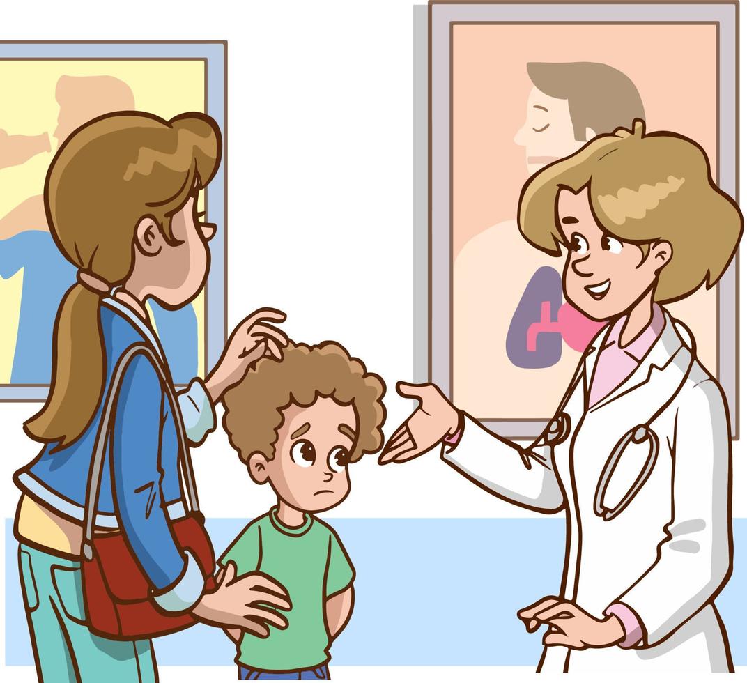 vrouw dokter pratend naar haar geduldig tekenfilm vector