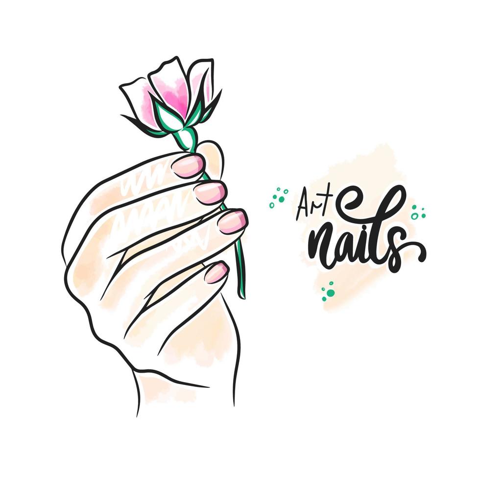 roze nagel ontwerp, mooi roos in hand- met manicuren, hand- belettering vector