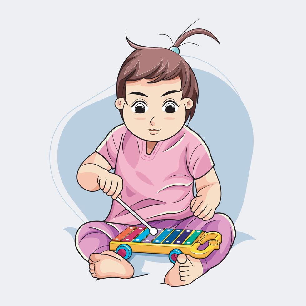 schattig kleintje meisje Toneelstukken een musical instrument xylofoon vector illustratie pro downloaden